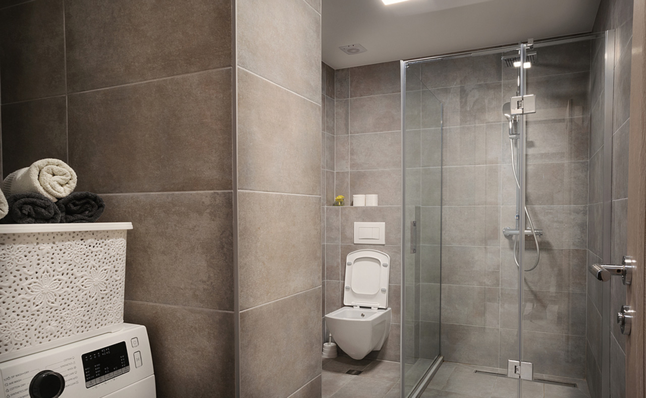 Interior of a new and modern small bathroom.