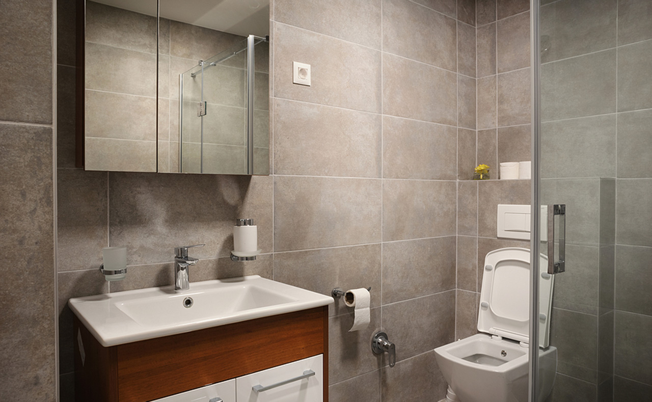 Interior of a new and modern small bathroom.