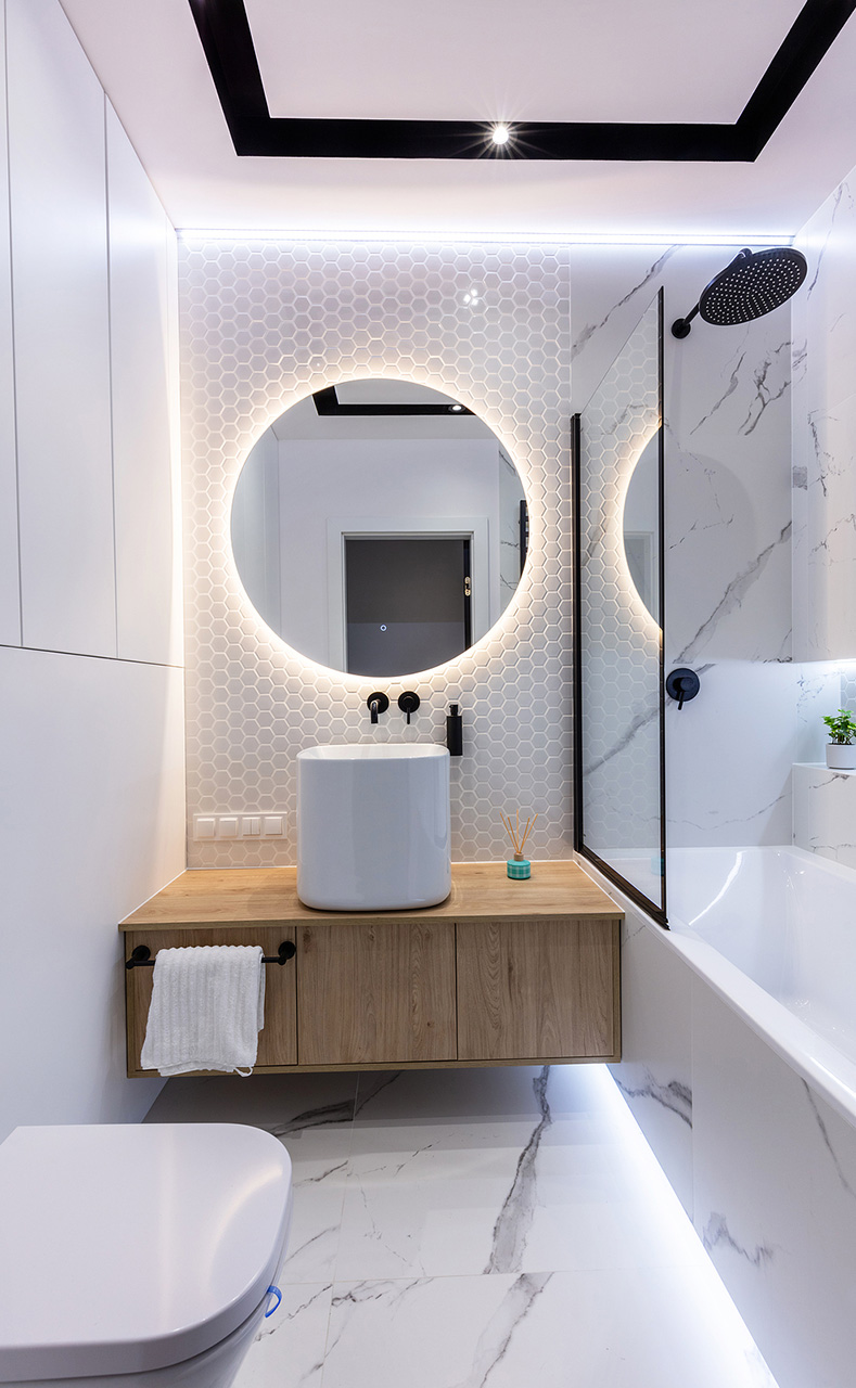 Modern small bathroom interior design. Bright style